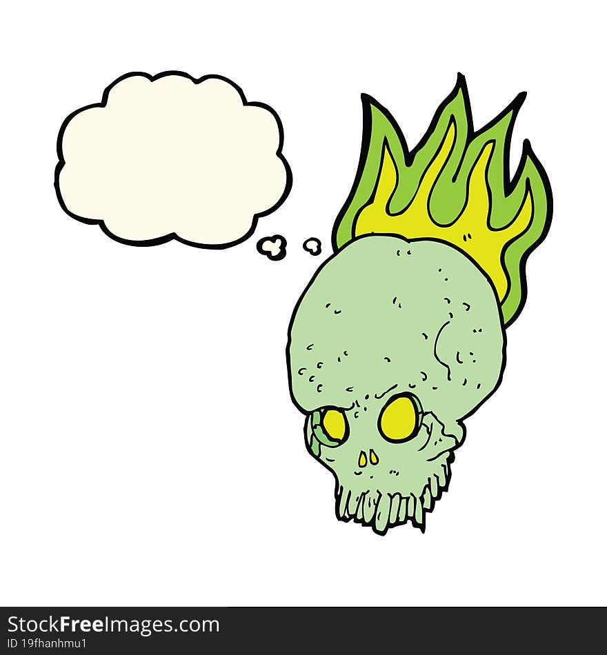 cartoon spooky skull with thought bubble