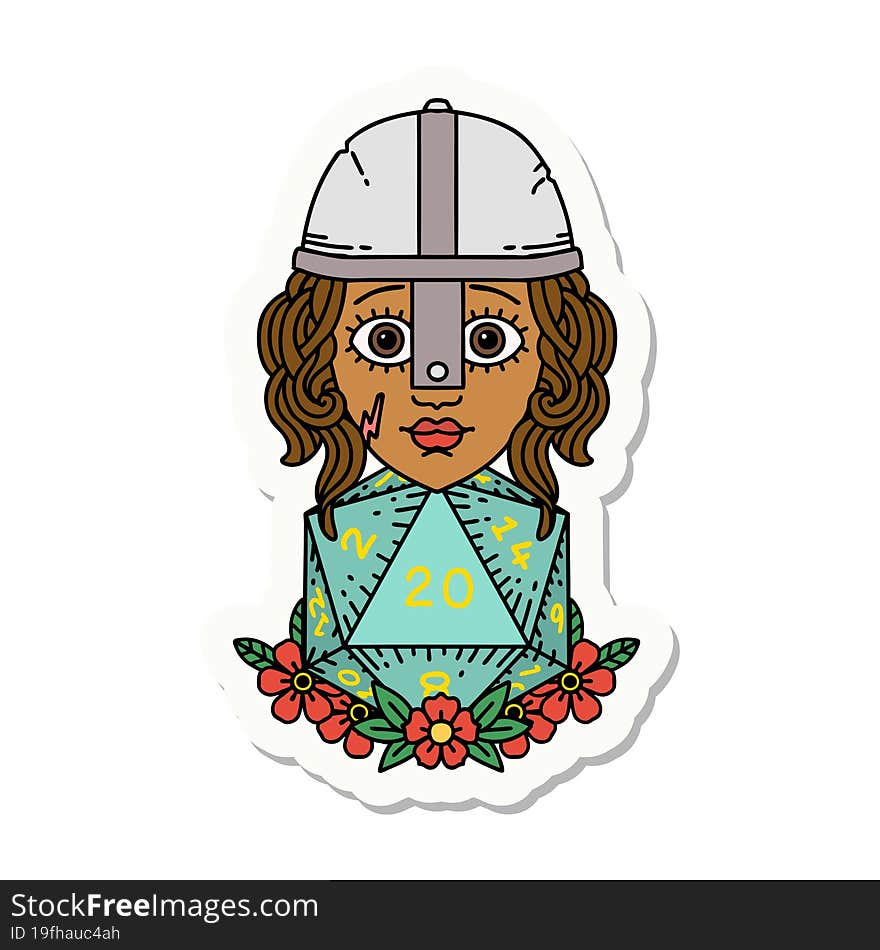 human fighter with natural 20 D20 dice roll sticker