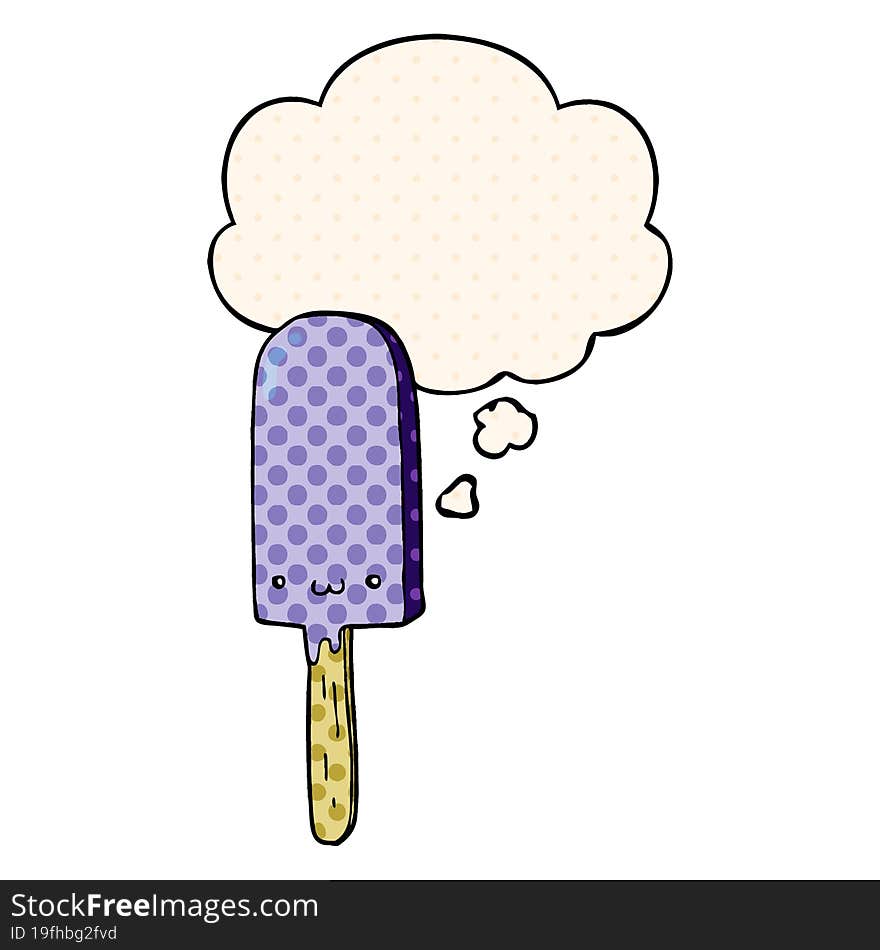 cartoon ice lolly with thought bubble in comic book style