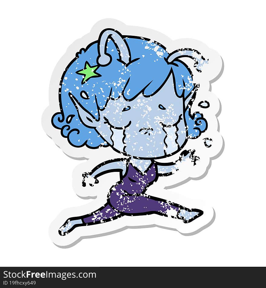 distressed sticker of a cartoon crying alien girl