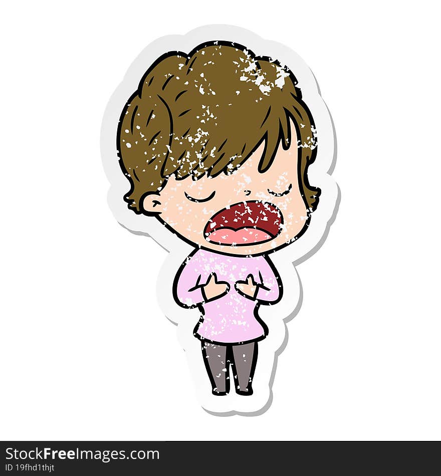 distressed sticker of a cartoon woman talking