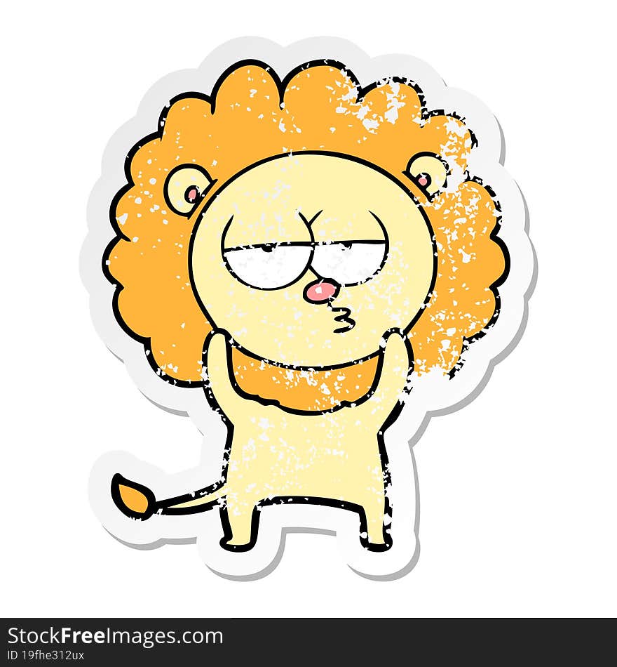 distressed sticker of a cartoon bored lion