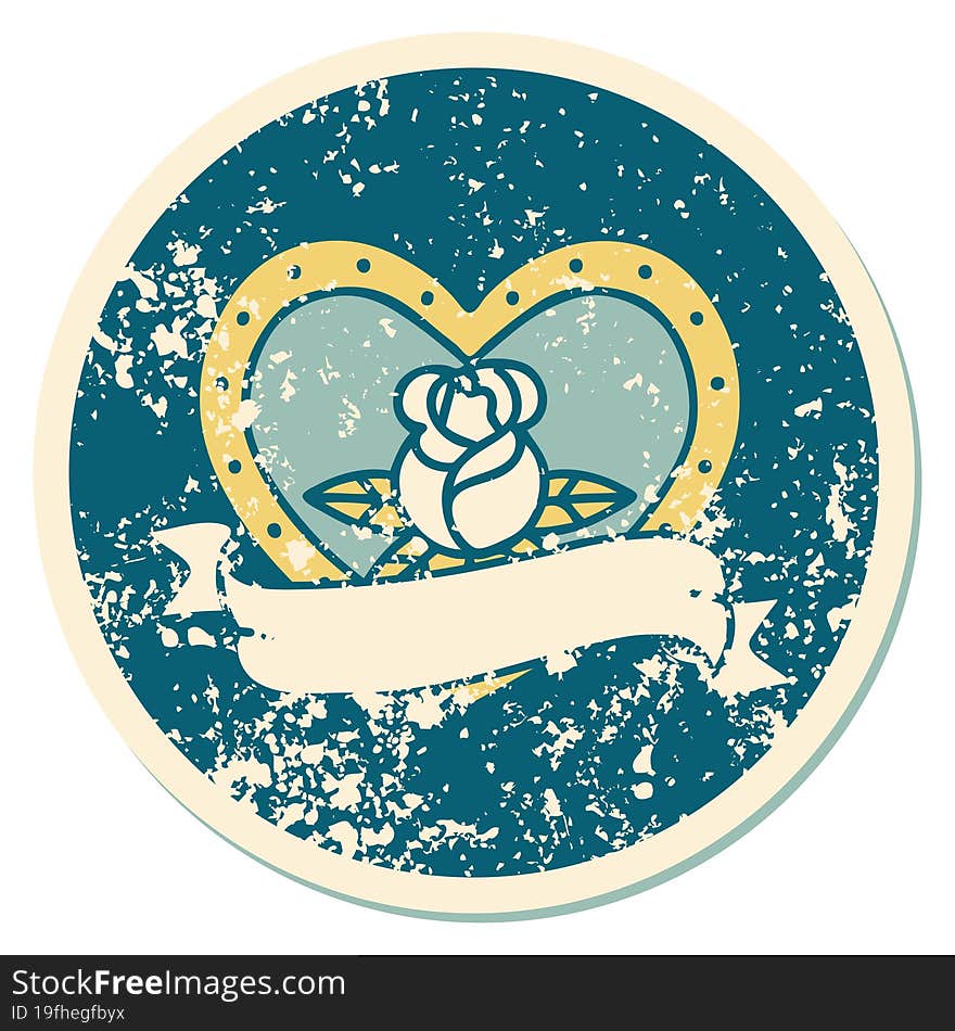 Distressed Sticker Tattoo Style Icon Of A Heart Rose And Banner