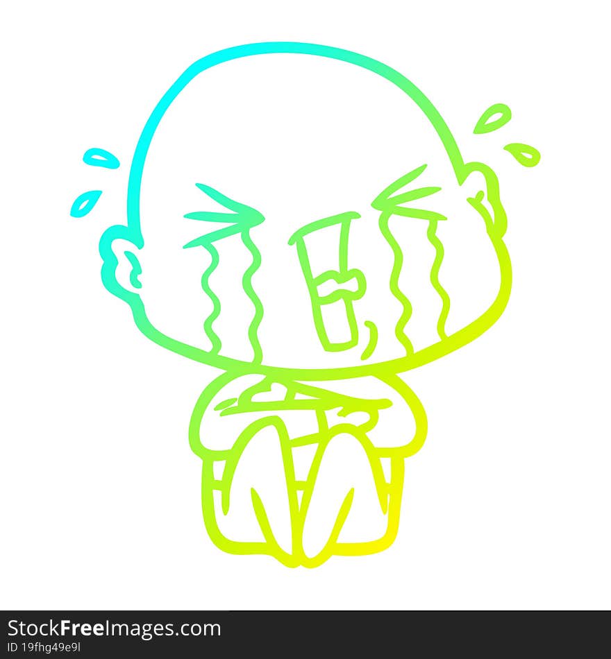 cold gradient line drawing cartoon crying bald man