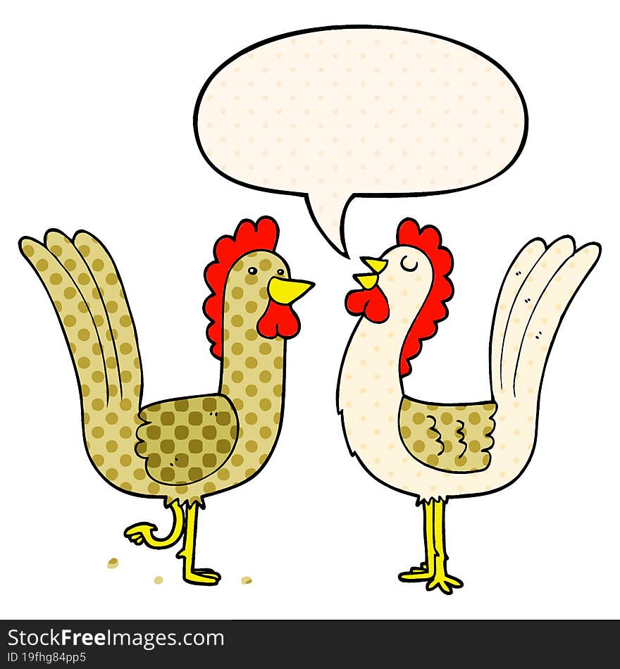 Cartoon Chickens And Speech Bubble In Comic Book Style