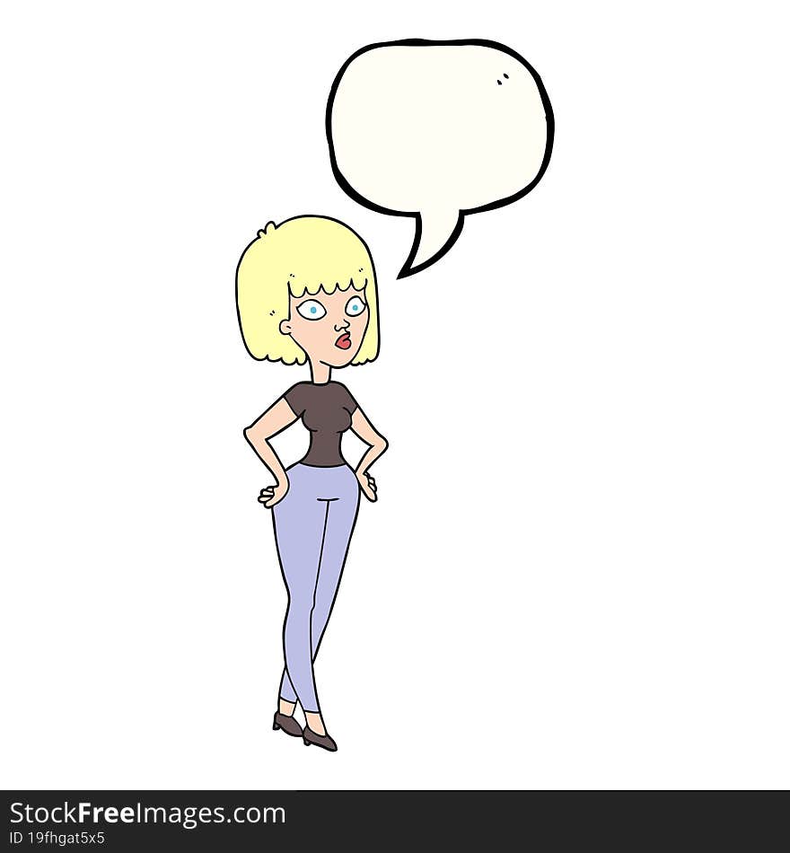 speech bubble cartoon woman with hands on hips