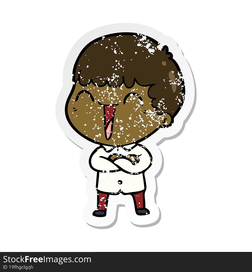 distressed sticker of a cartoon happy man