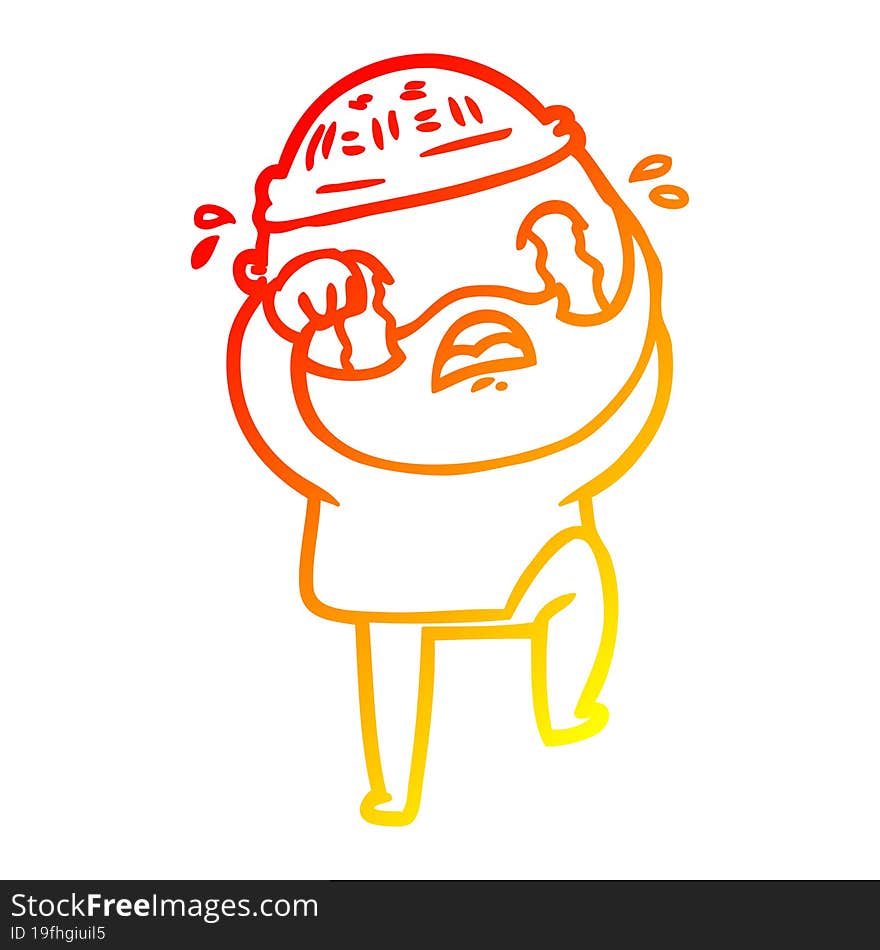 warm gradient line drawing of a cartoon bearded man crying and stamping foot