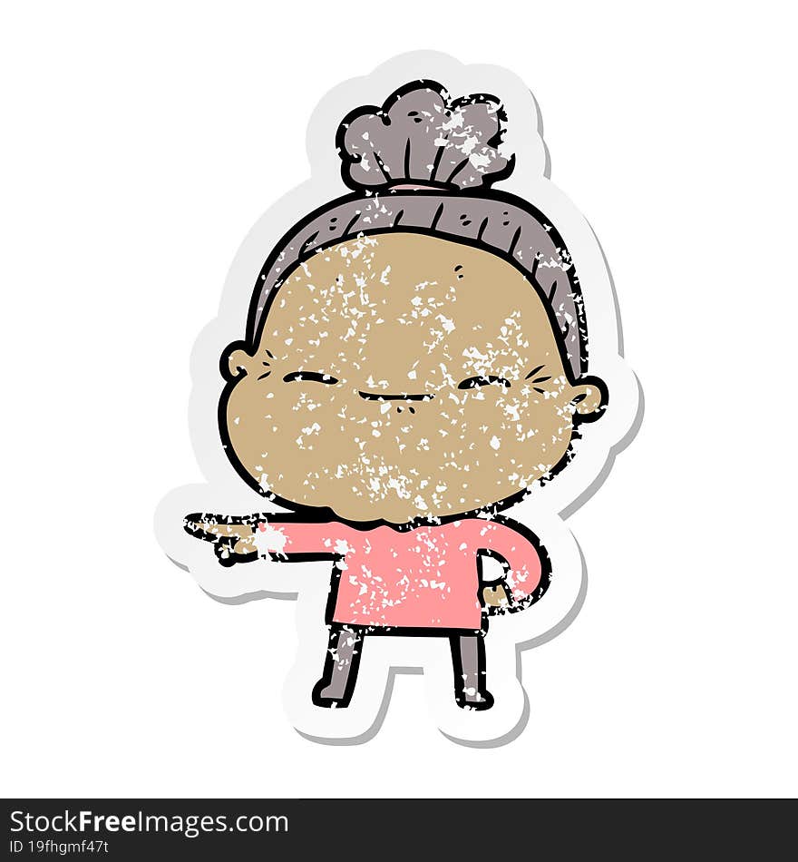 distressed sticker of a cartoon peaceful old woman