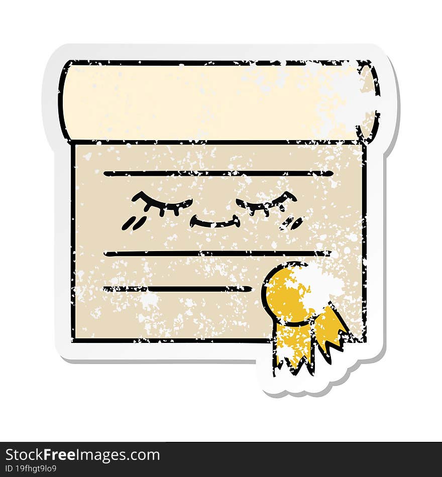 distressed sticker of a cute cartoon certificate