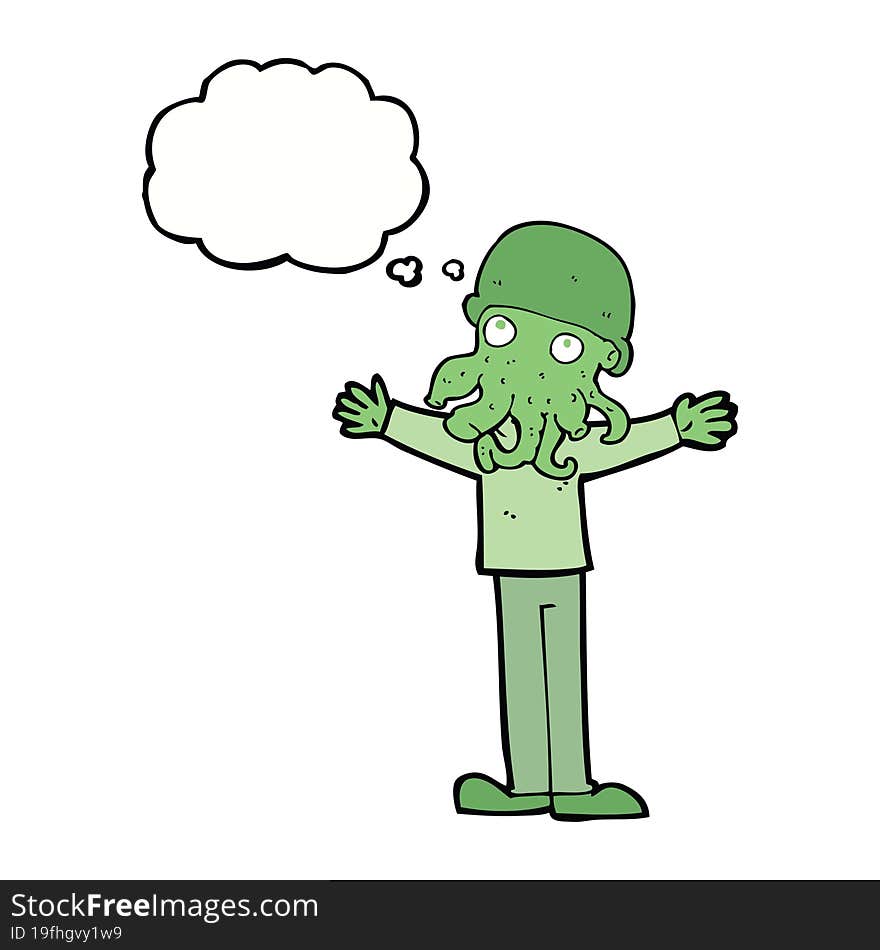 Cartoon Alien Squid Face Man With Thought Bubble