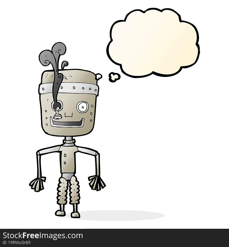 cartoon malfunctioning robot with thought bubble