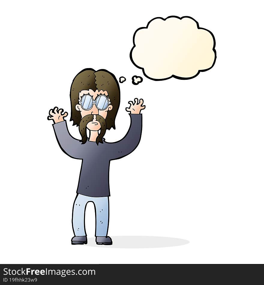 cartoon hippie man waving arms with thought bubble