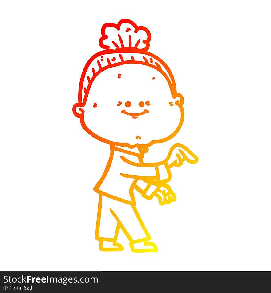 warm gradient line drawing of a cartoon happy old woman