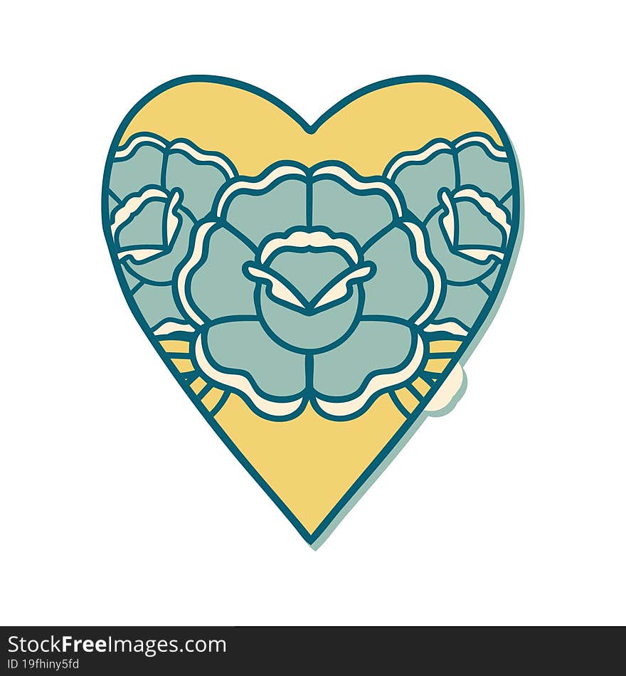 sticker of tattoo in traditional style of a heart and flowers. sticker of tattoo in traditional style of a heart and flowers