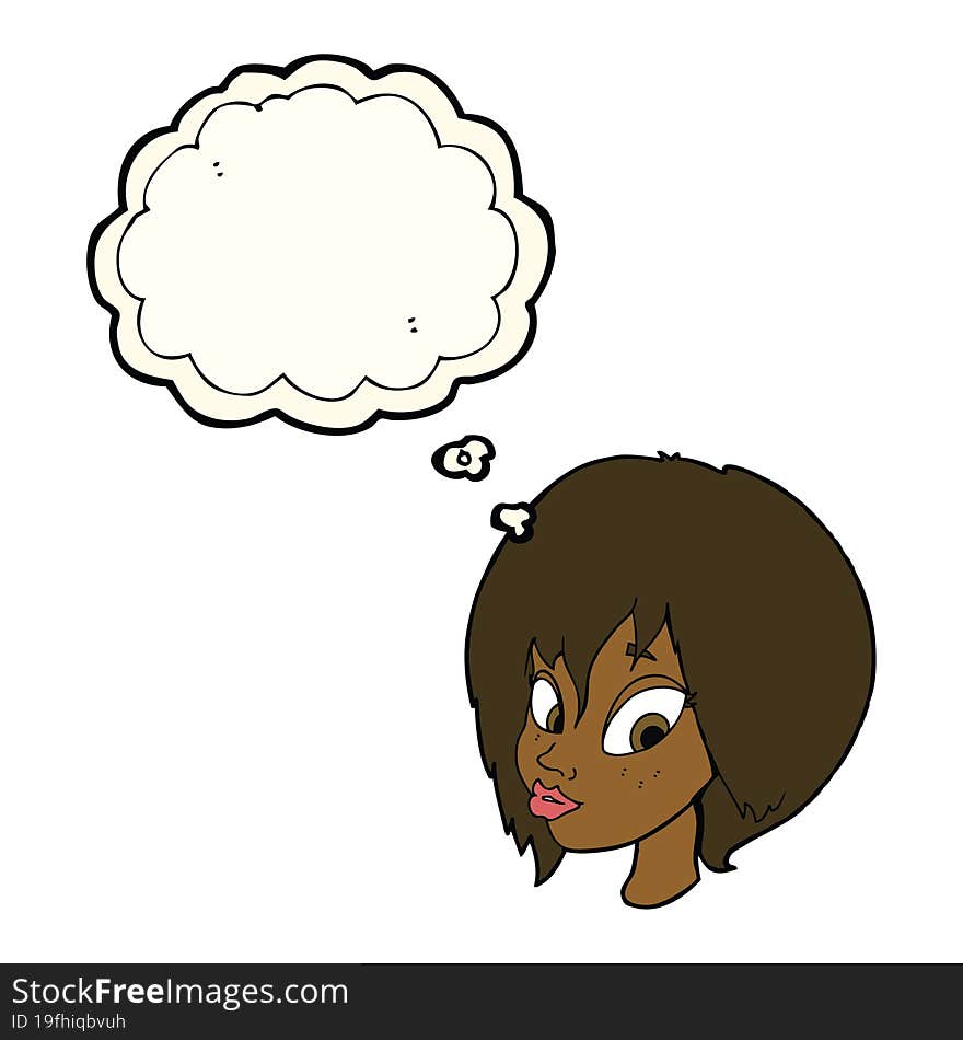 cartoon pretty female face pouting with thought bubble