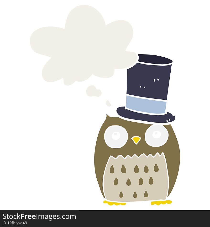 cartoon owl wearing top hat and thought bubble in retro style