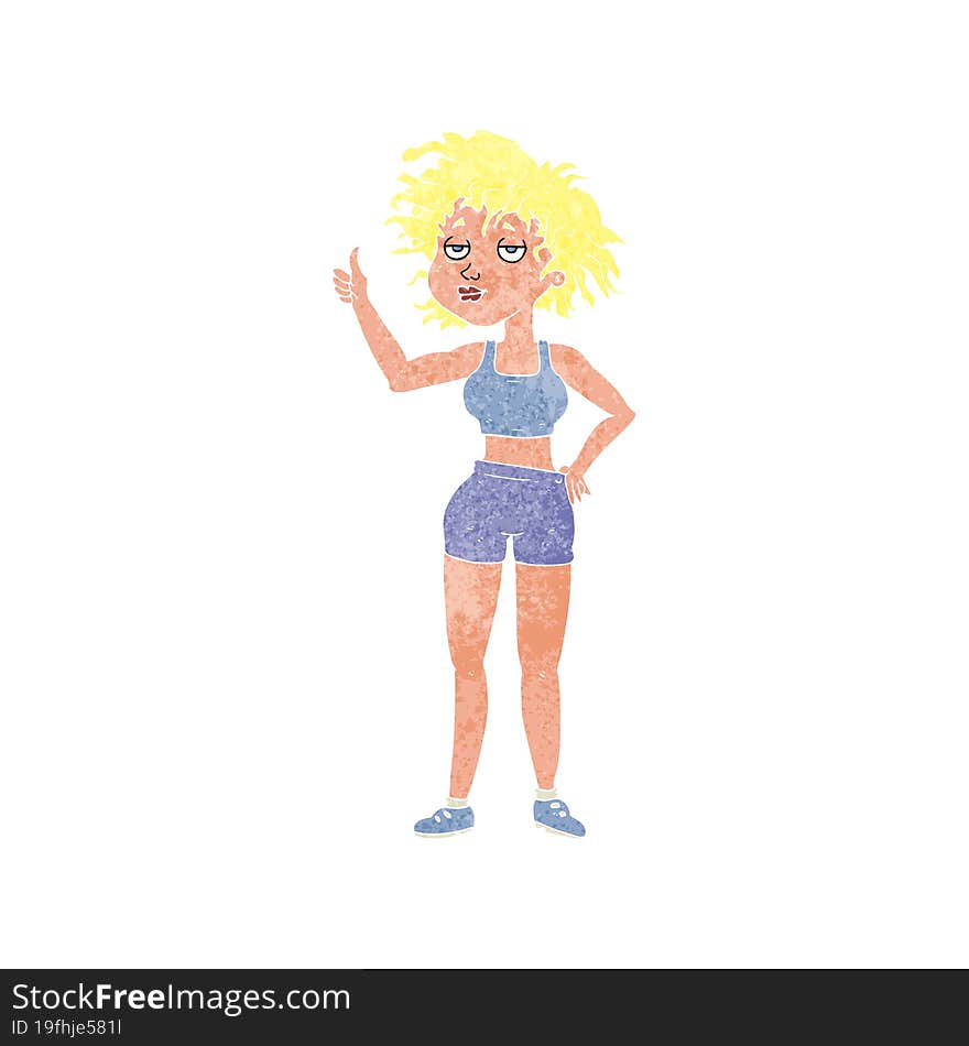 freehand retro cartoon tired gym woman