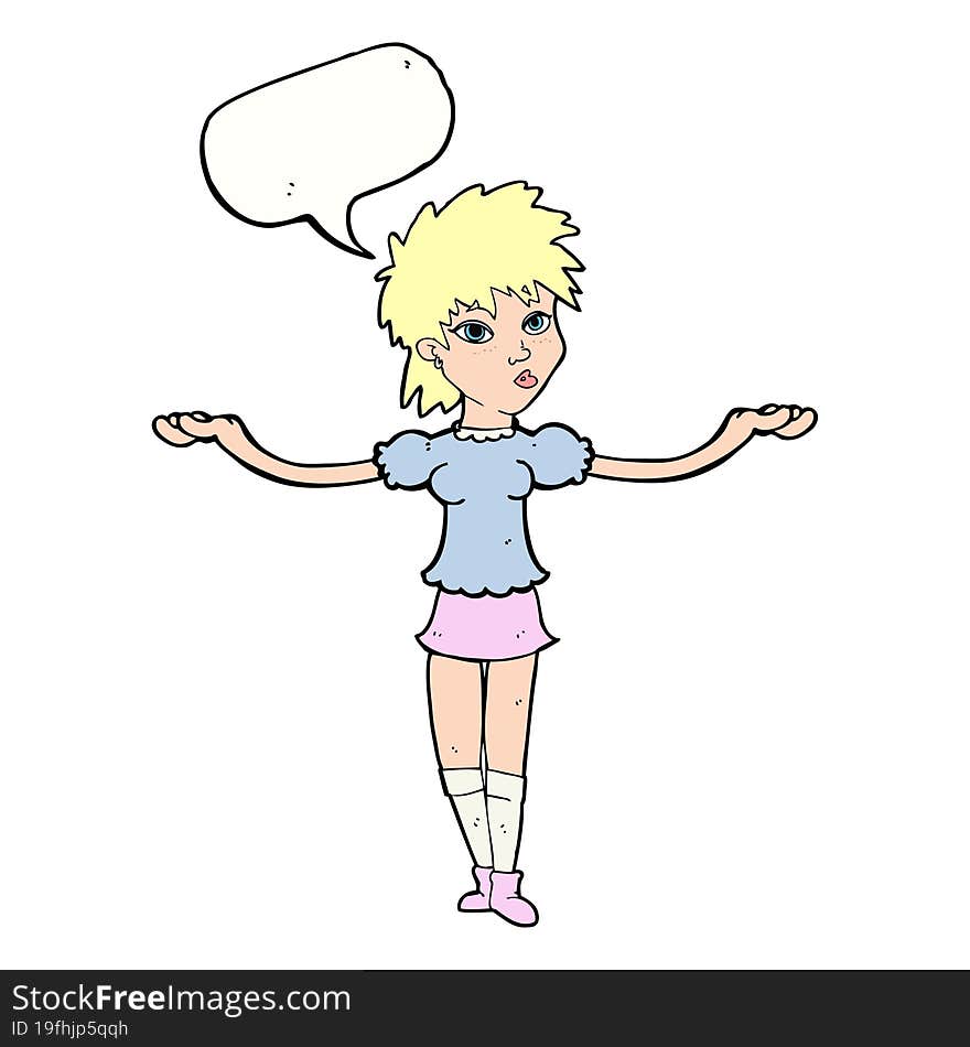 cartoon woman shrugging shoulders with speech bubble