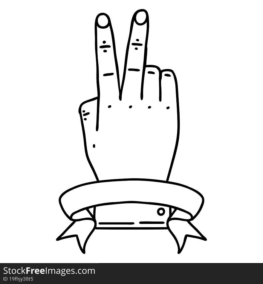 Black and White Tattoo linework Style victory v hand gesture with banner. Black and White Tattoo linework Style victory v hand gesture with banner