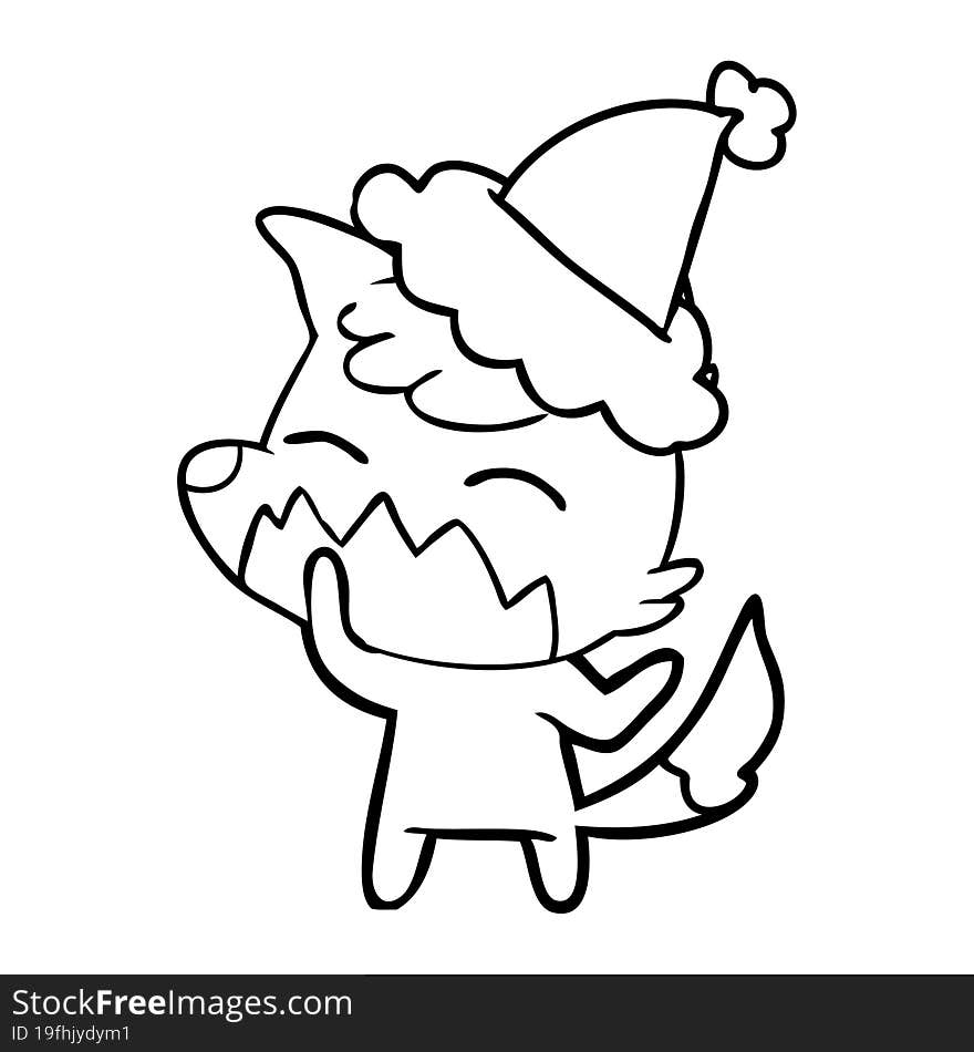 line drawing of a fox wearing santa hat