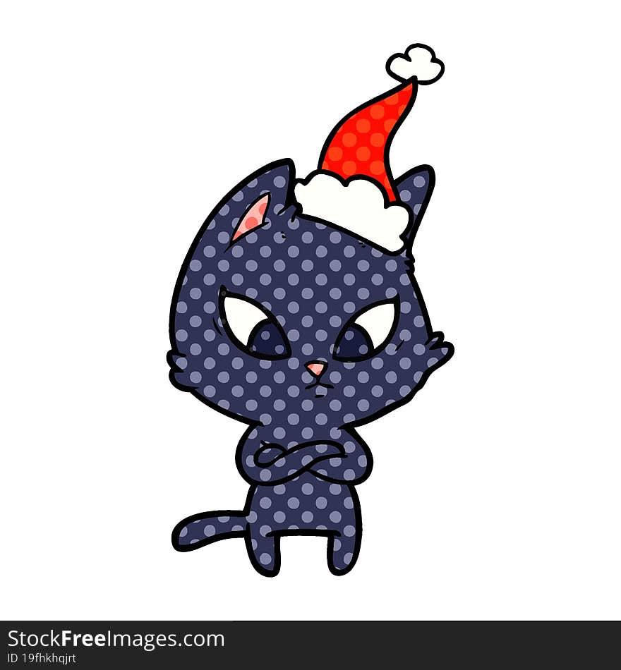 confused comic book style illustration of a cat wearing santa hat