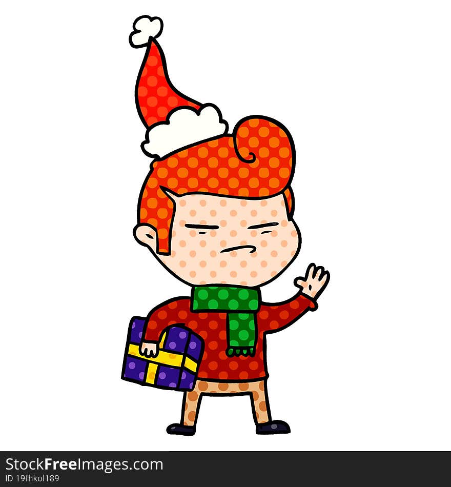 Comic Book Style Illustration Of A Cool Guy With Fashion Hair Cut Wearing Santa Hat