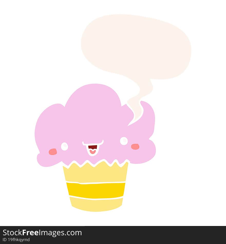 cartoon cupcake with face with speech bubble in retro style. cartoon cupcake with face with speech bubble in retro style