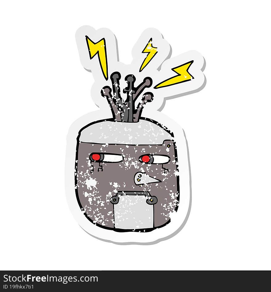 Retro Distressed Sticker Of A Cartoon Robot Head