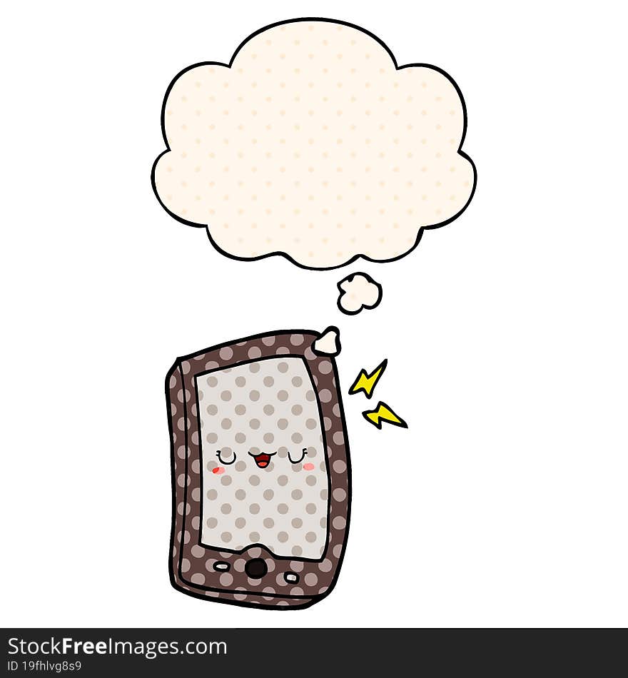 cute cartoon mobile phone and thought bubble in comic book style