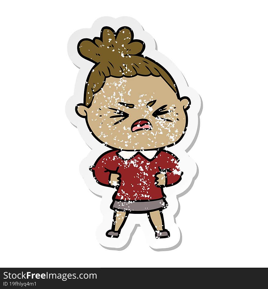 distressed sticker of a cartoon angry woman