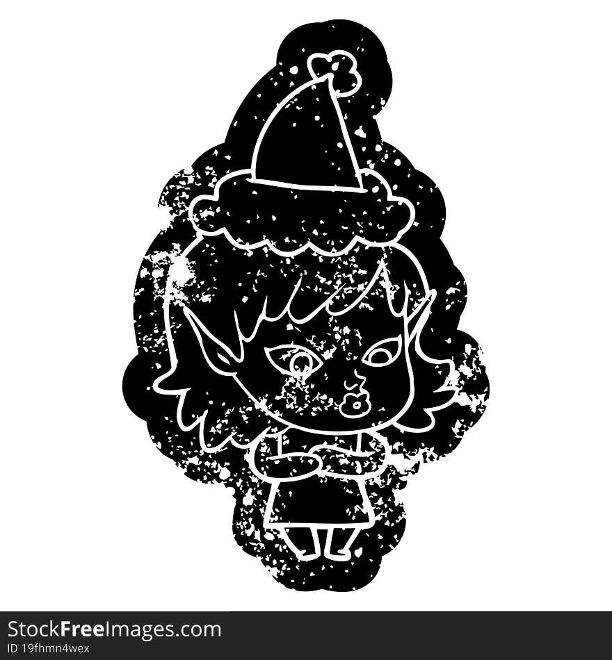 Pretty Cartoon Distressed Icon Of A Elf Girl Wearing Santa Hat