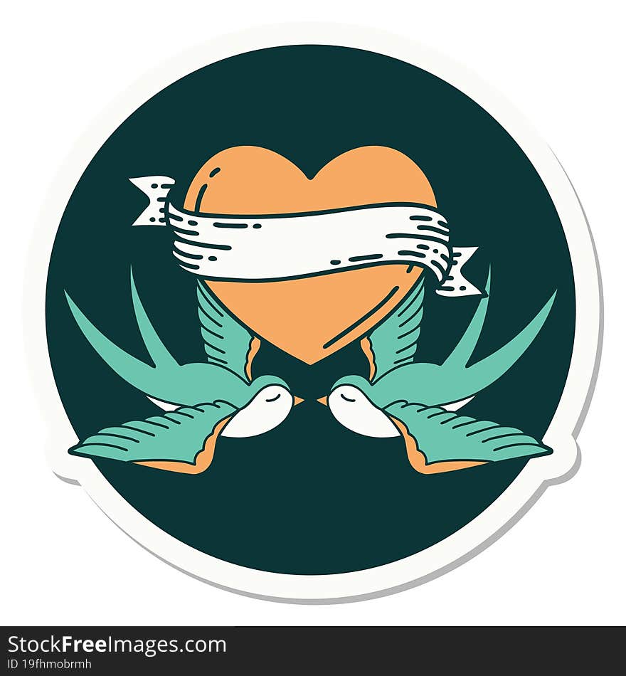 Tattoo Style Sticker Of A Swallows And A Heart With Banner