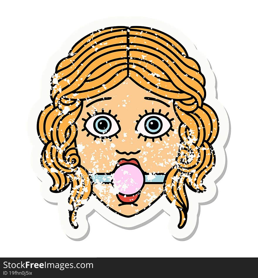 traditional distressed sticker tattoo of female face with ball gag