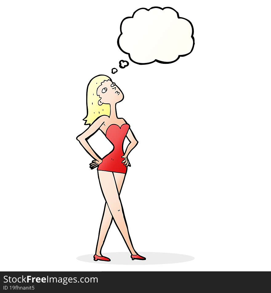 cartoon woman in party dress with thought bubble