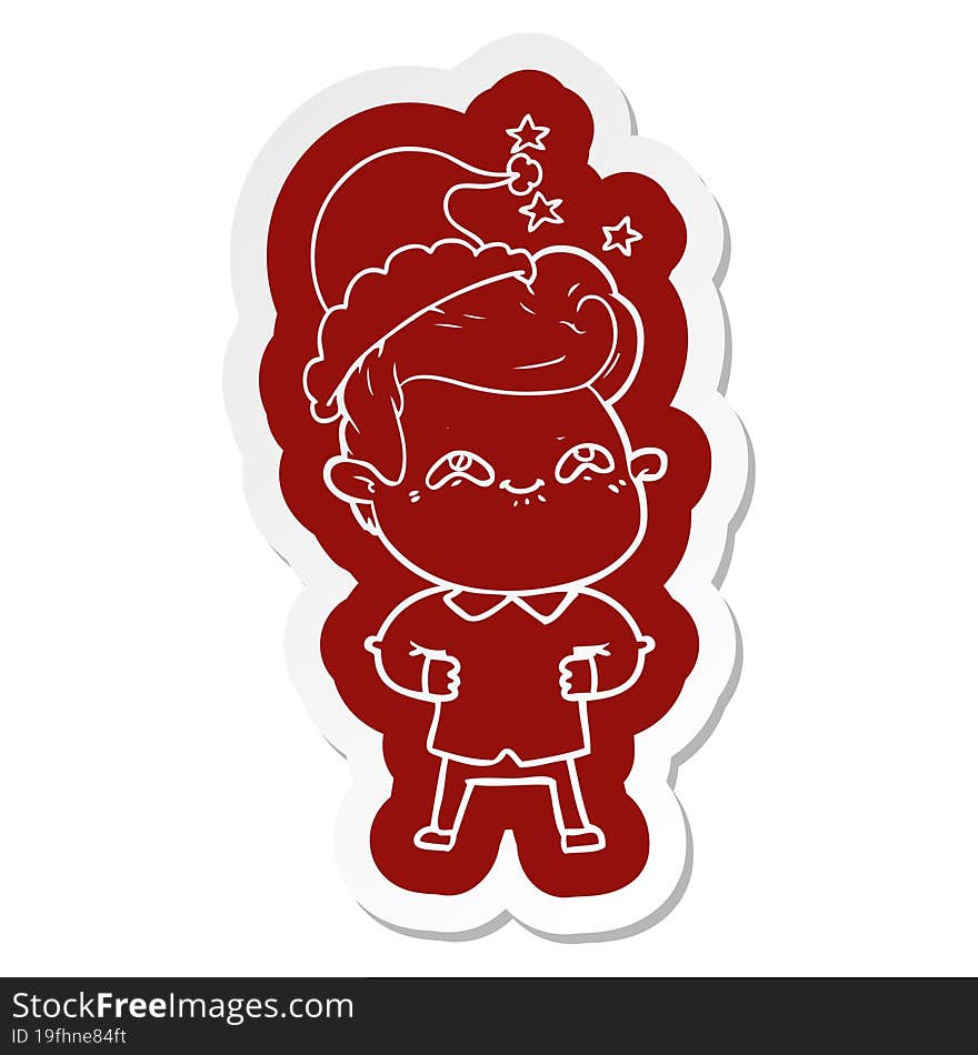 cartoon  sticker of a excited man wearing santa hat