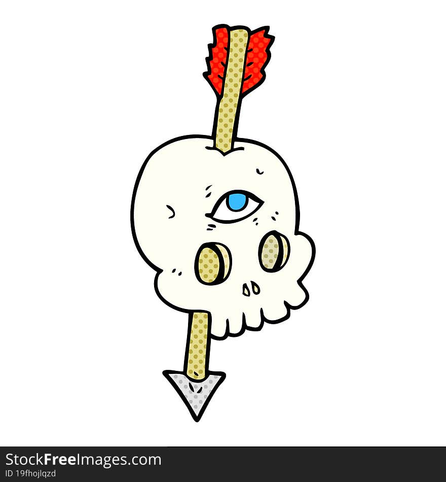 freehand drawn cartoon magic skull with arrow through brain