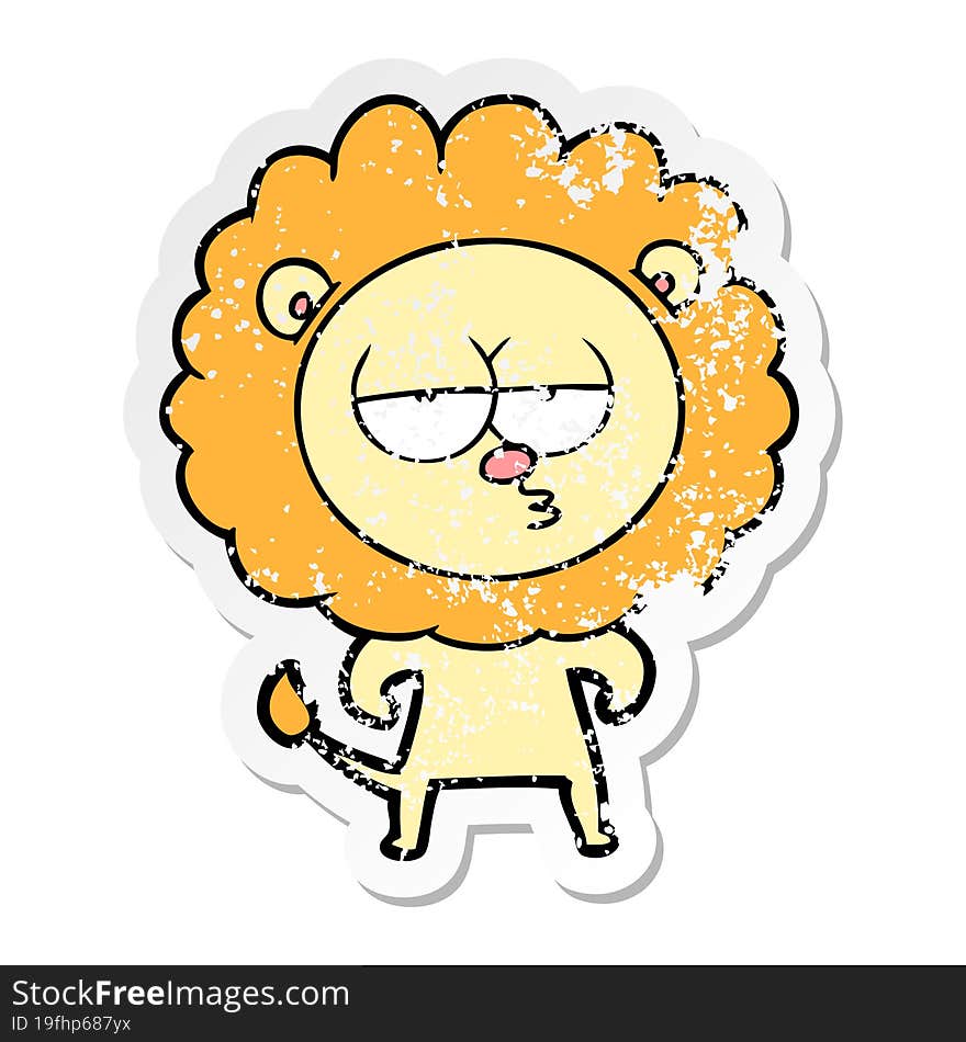 distressed sticker of a cartoon bored lion