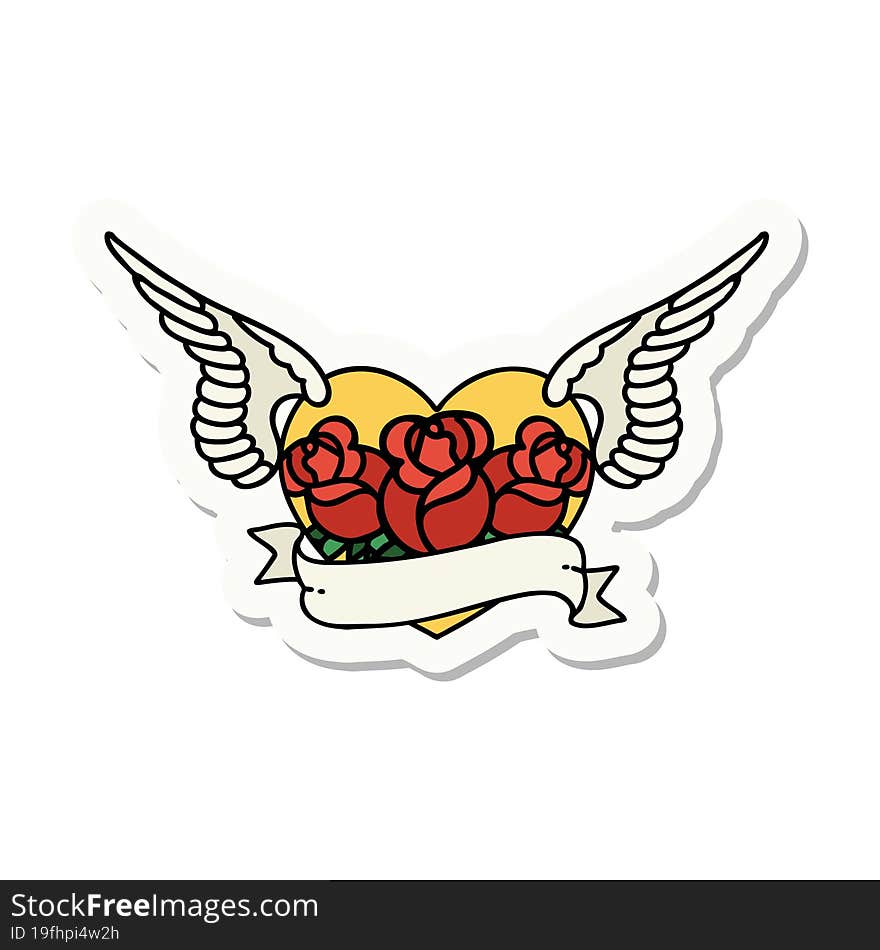 sticker of tattoo in traditional style of a flying heart with flowers and banner. sticker of tattoo in traditional style of a flying heart with flowers and banner