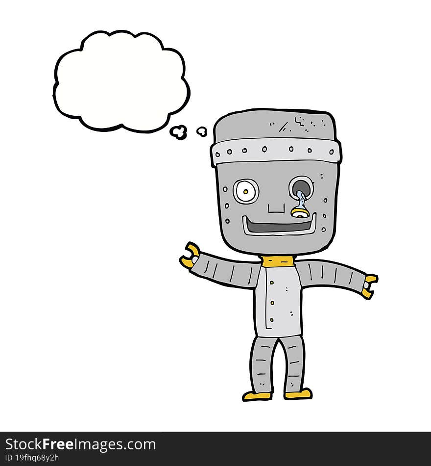 cartoon funny old robot with thought bubble