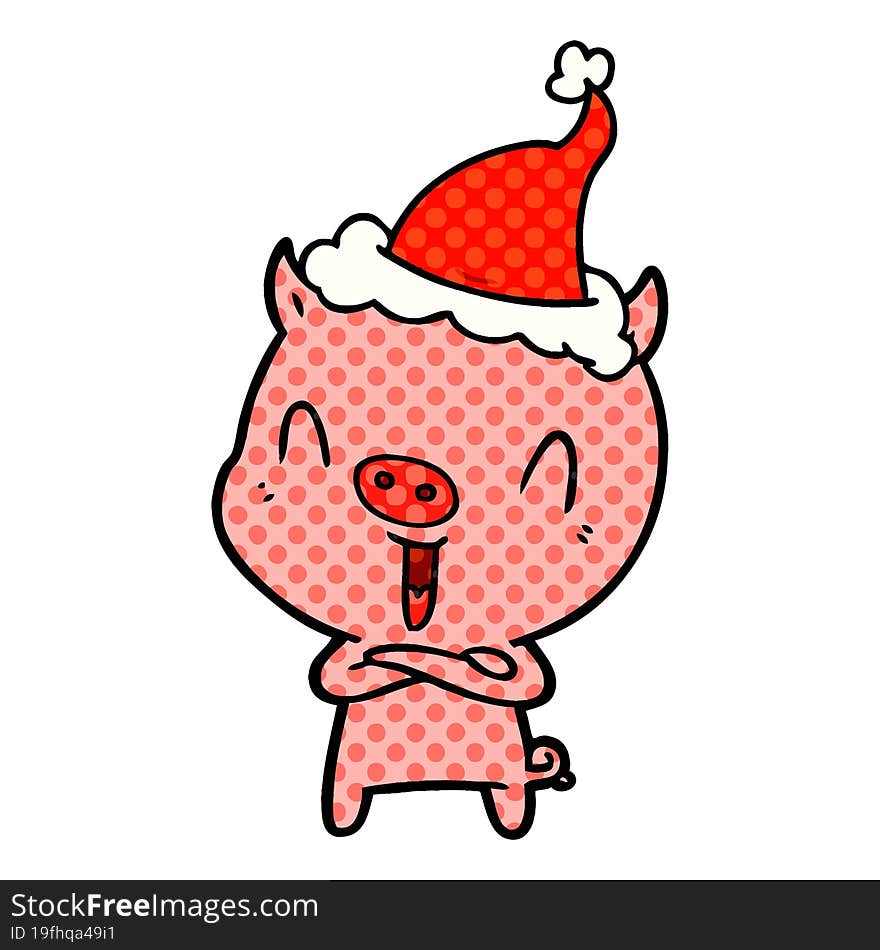 happy comic book style illustration of a pig wearing santa hat