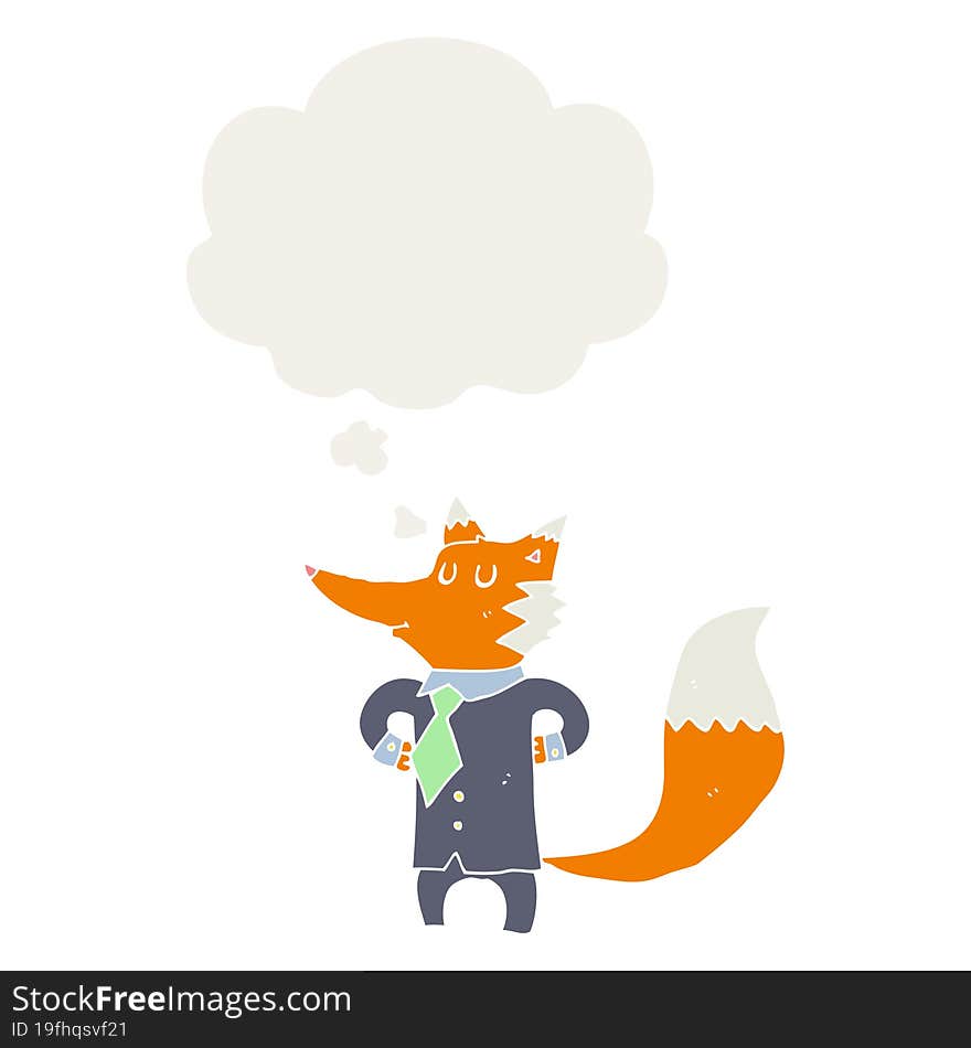 cartoon fox businessman and thought bubble in retro style