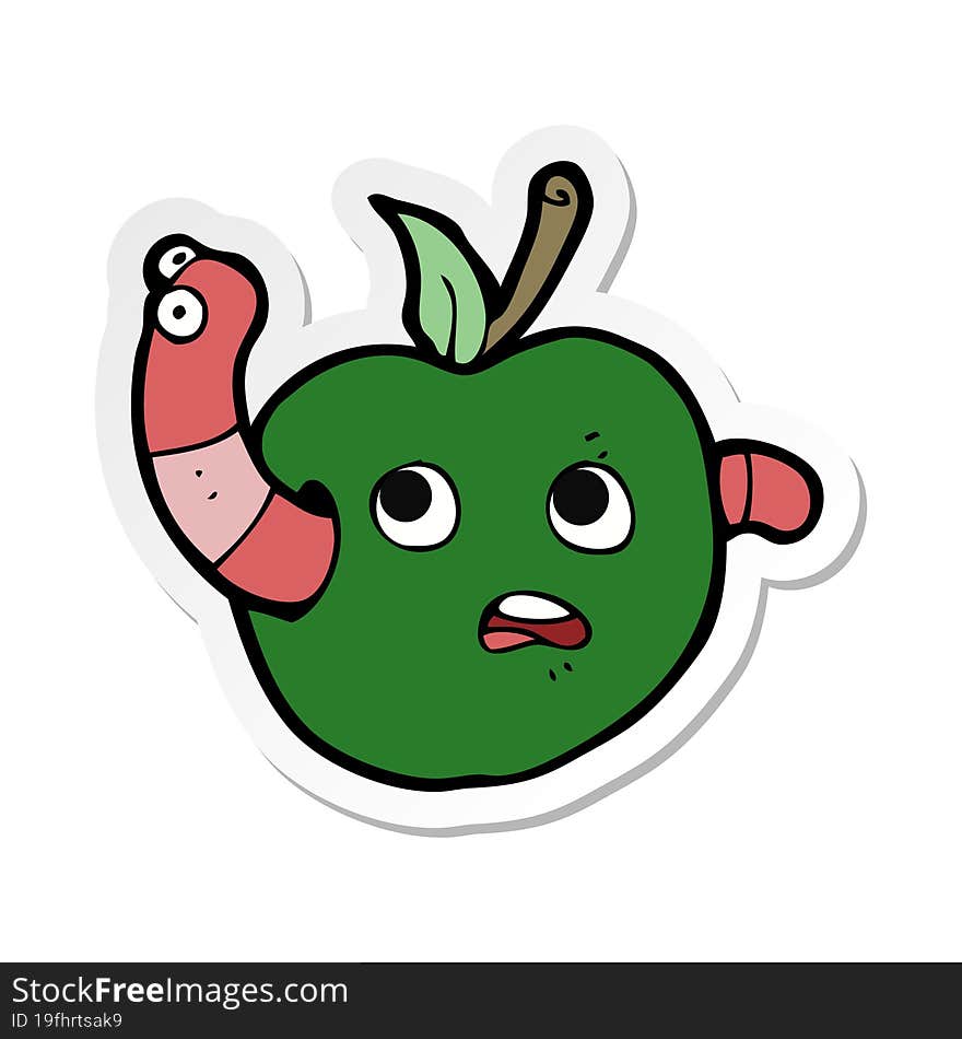 sticker of a cartooon worm in apple