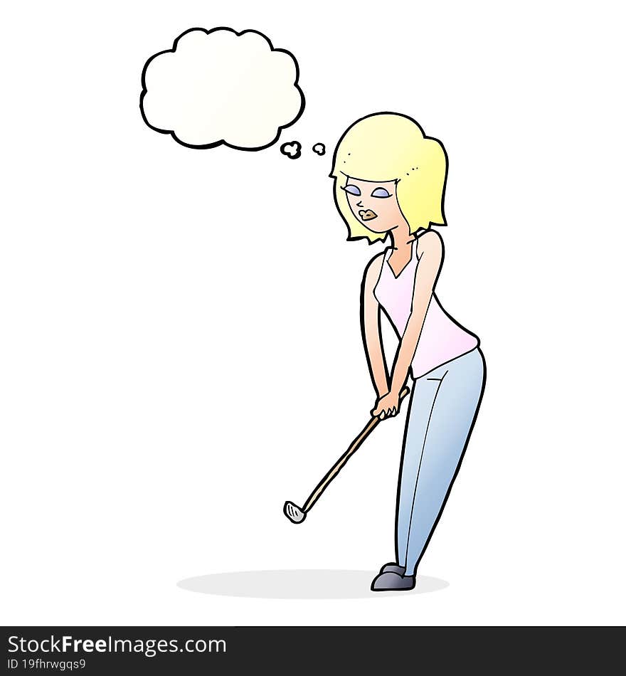 cartoon woman playing golf with thought bubble