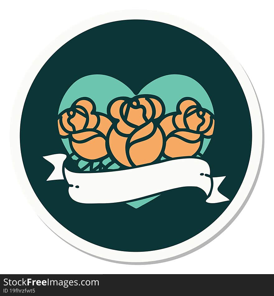 Tattoo Style Sticker Of A Heart And Banner With Flowers