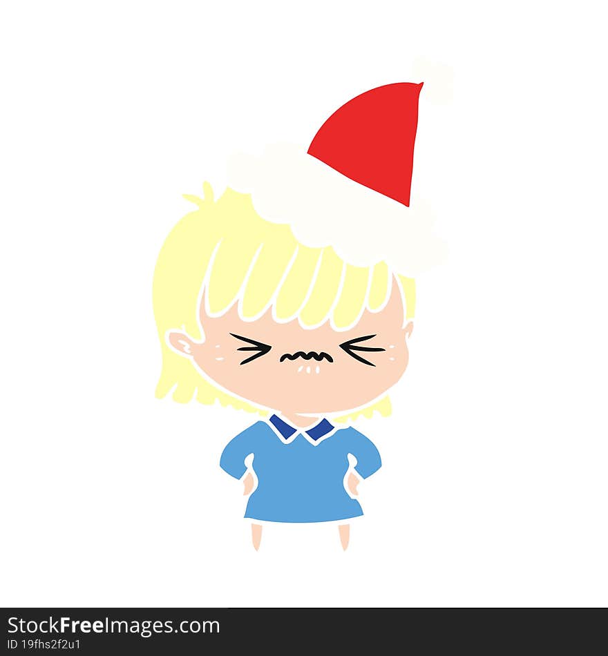 annoyed flat color illustration of a girl wearing santa hat