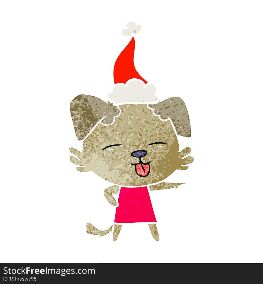 retro cartoon of a dog sticking out tongue wearing santa hat