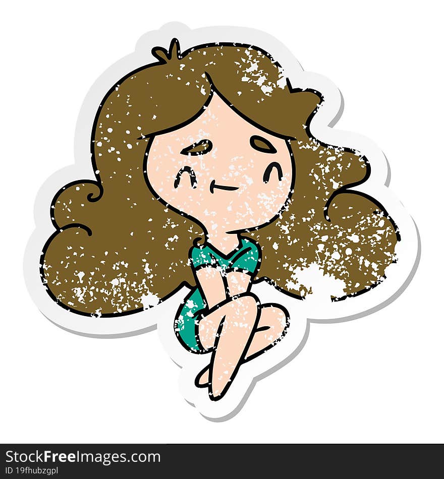 distressed sticker cartoon illustration of a cute kawaii girl. distressed sticker cartoon illustration of a cute kawaii girl