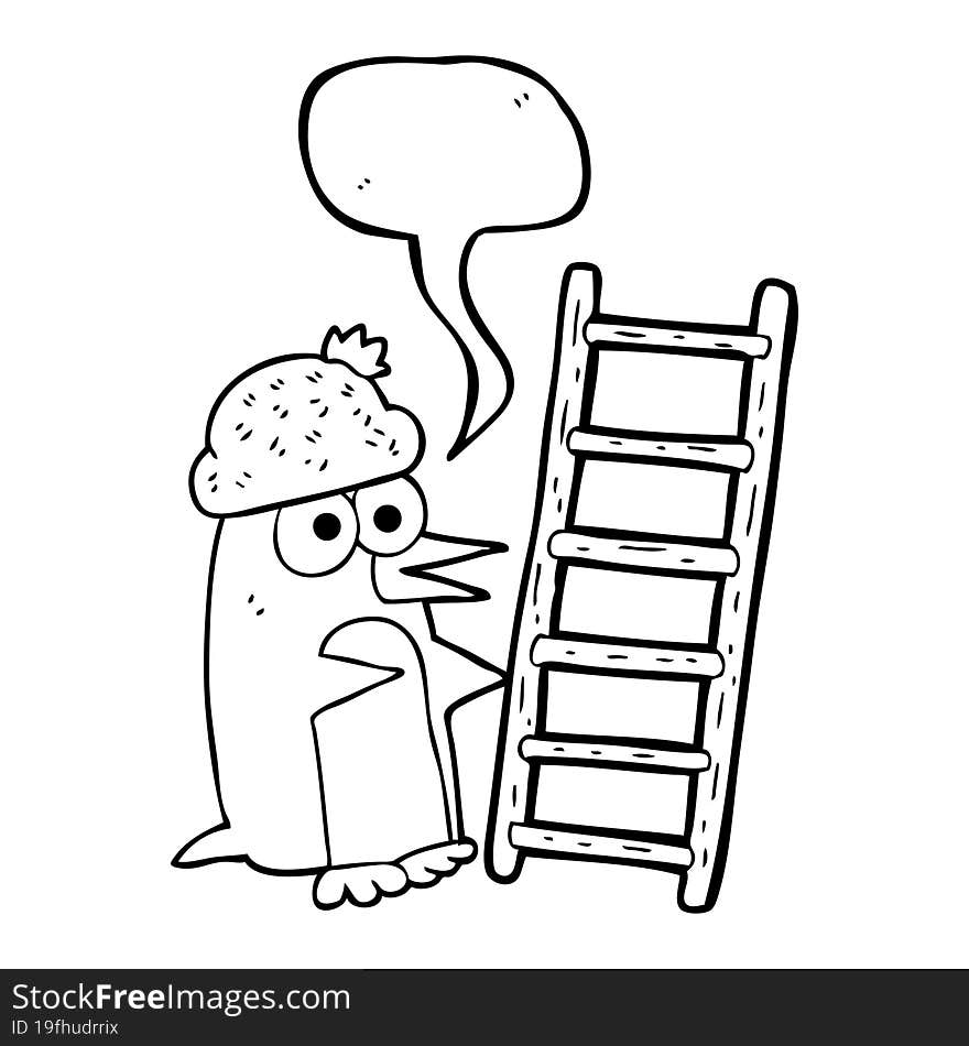 Speech Bubble Cartoon Penguin With Ladder