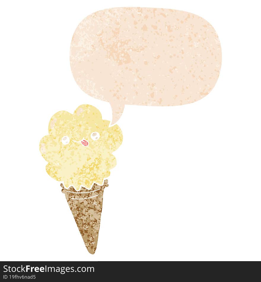 cartoon ice cream and speech bubble in retro textured style